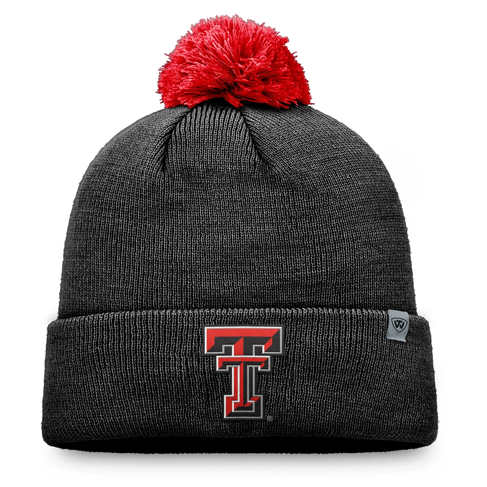 Bonnet en tricot à revers avec pompon pour jeunes Top of the World, noir, Texas Tech, Red Raiders