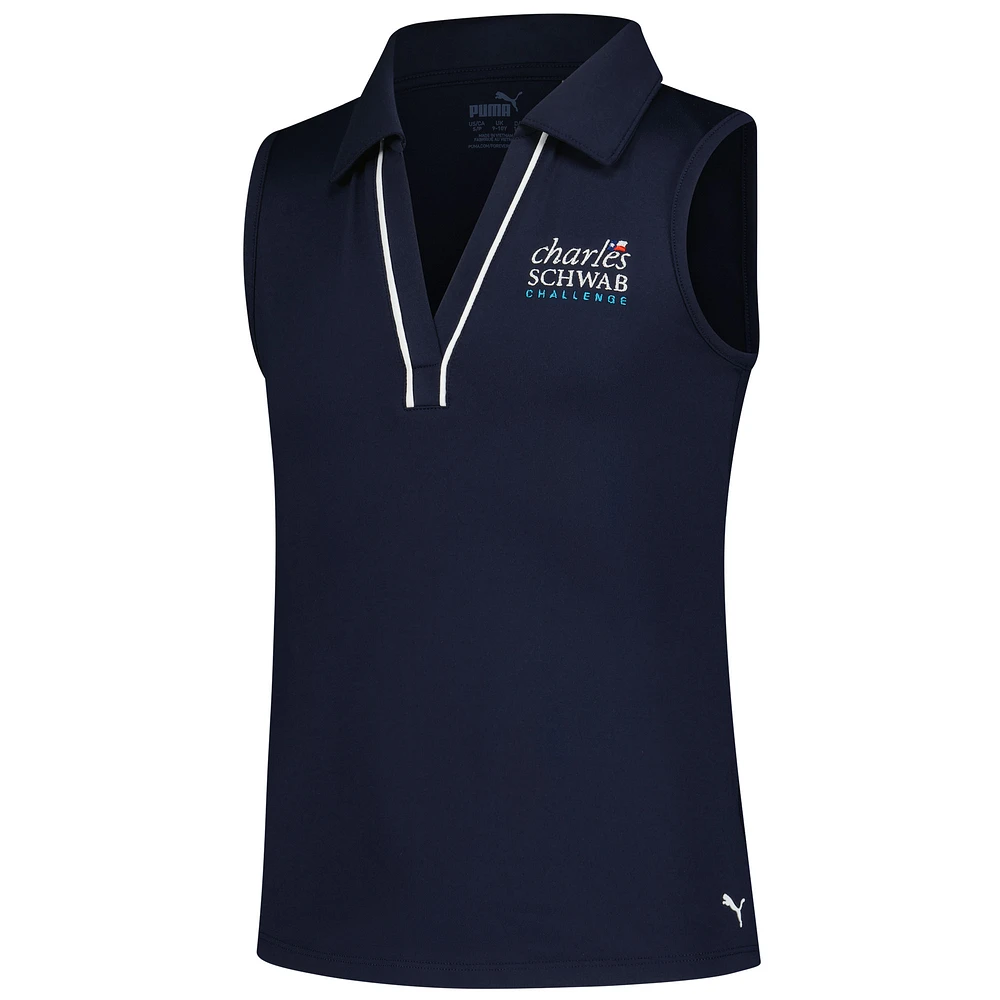 Girl's Youth Puma  Navy The Charles Schwab Challenge Piped Cloudspun Sleeveless Polo