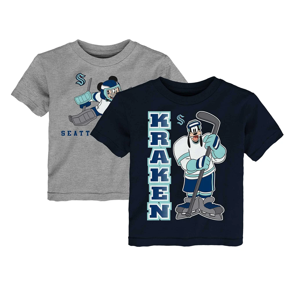 Ensemble de deux t-shirts Seattle Kraken Disney Offense Only pour tout-petits, bleu profond/gris chiné