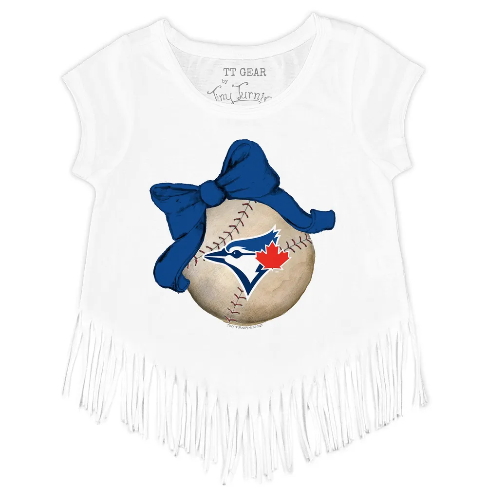 Lids Toronto Blue Jays Tiny Turnip Girls Youth Baseball Bow Fringe T-Shirt  - White