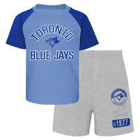 Infant Powder Blue/Heather Gray Toronto Blue Jays Ground Out Baller Raglan T-Shirt and Shorts Set