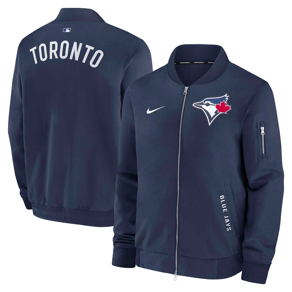 Veste aviateur entièrement zippée Nike bleu marine Toronto Blue Jays Authentic Collection Dugout pour homme