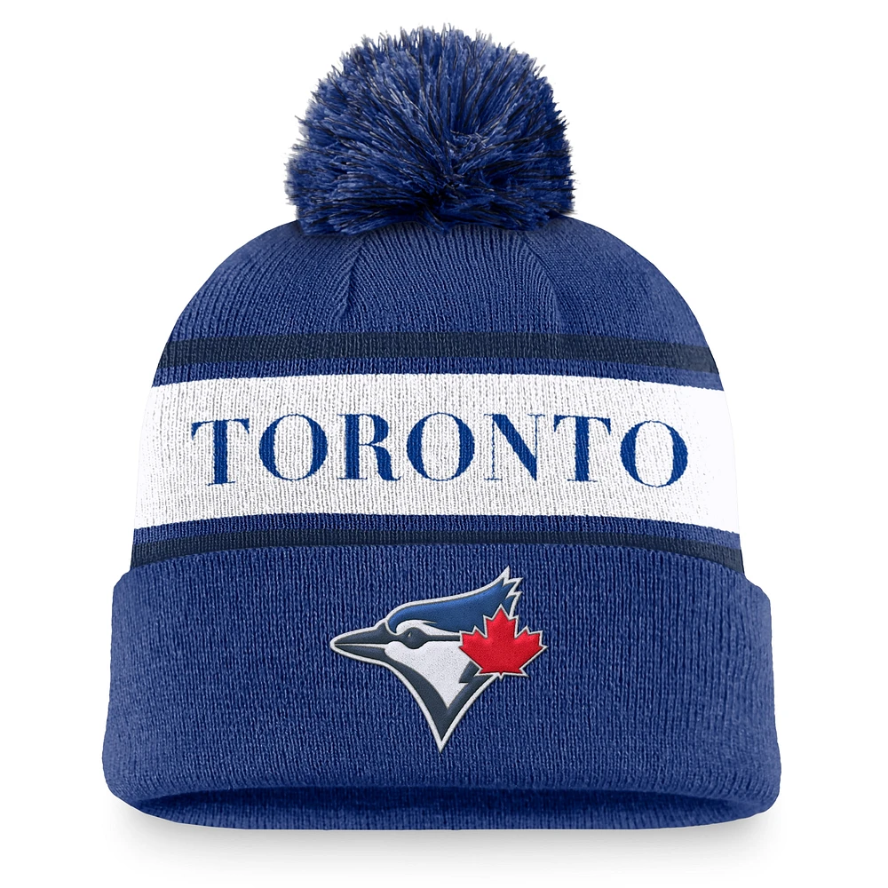 Bonnet en tricot à revers Nike Royal Toronto Blue Jays Team Stripe Peak pour homme avec pompon