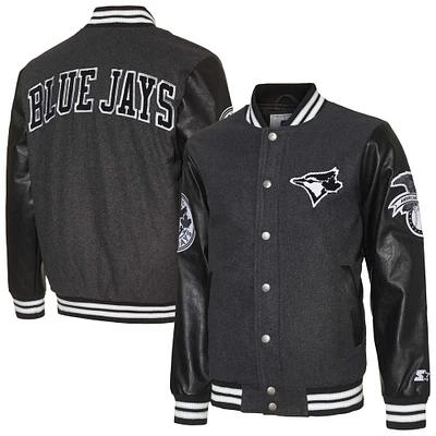 Men's Starter Black Toronto Blue Jays First Rounder Satin Button-Up Varsity Jacket