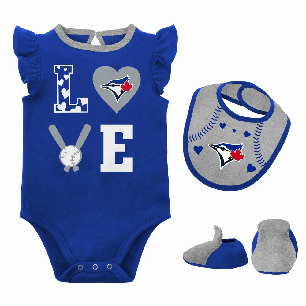 Ensemble trois pièces Love of Baseball Bib Body & Booties Royal/Heather Grey Toronto Blue Jays pour nouveau-nés et nourrissons