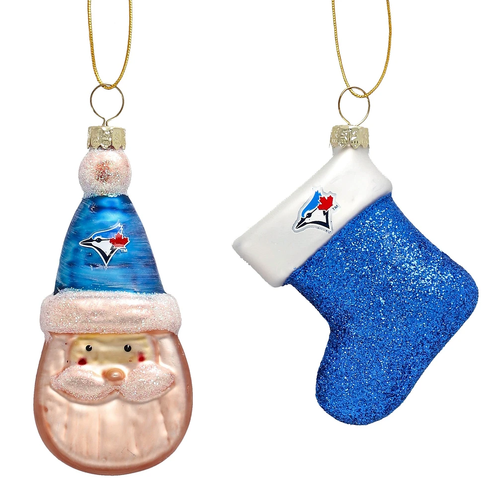 Ensemble de deux décorations en verre soufflé représentant le Père Noël et un bas de Noël des Blue Jays de Toronto