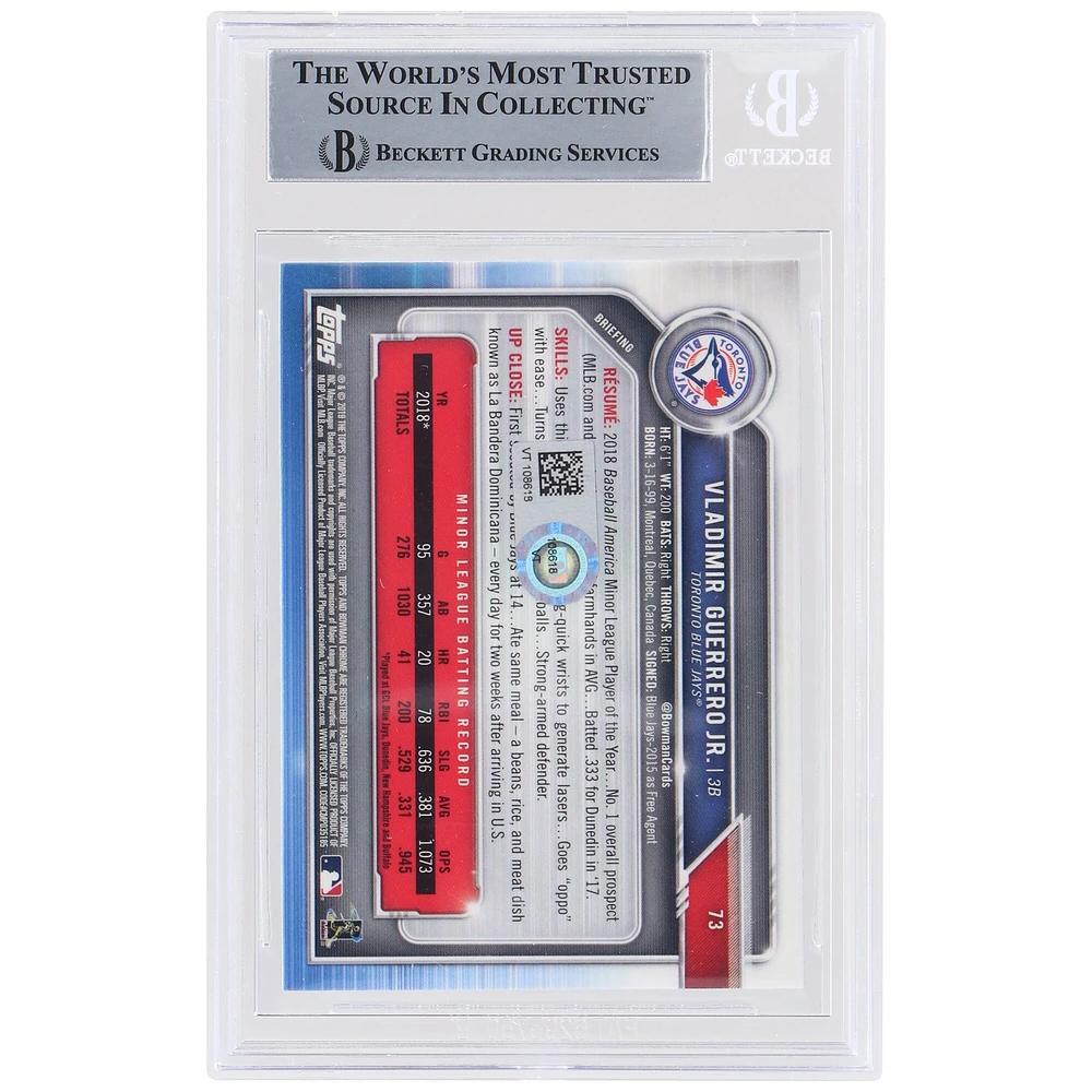 Vladimir Guerrero Jr. Les Blue Jays de Toronto ont autographié la carte de recrue authentifiée Bowman Chrome #73 Beckett 2019, présentée par des fanatiques