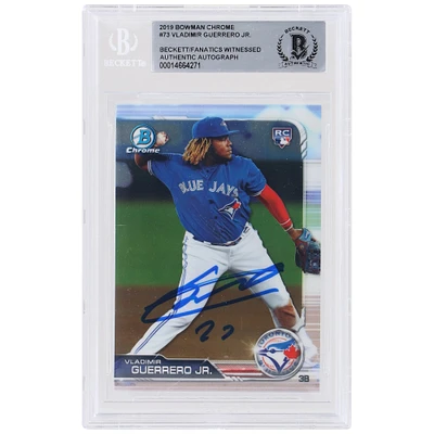 Vladimir Guerrero Jr. Les Blue Jays de Toronto ont autographié la carte de recrue authentifiée Bowman Chrome #73 Beckett 2019, présentée par des fanatiques
