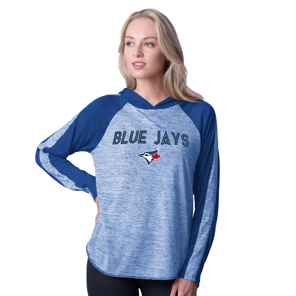 T-shirt à capuche manches longues G-III 4Her par Carl Banks pour femme, bleu Toronto Blue Jays Underdog Bling Raglan