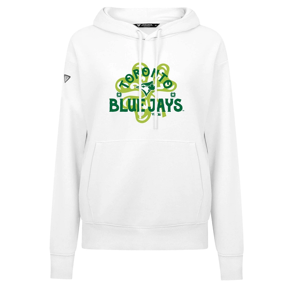 Women's Levelwear  White Toronto Blue Jays St. Patrick's Day Adorn Shamrock Pullover Hoodie