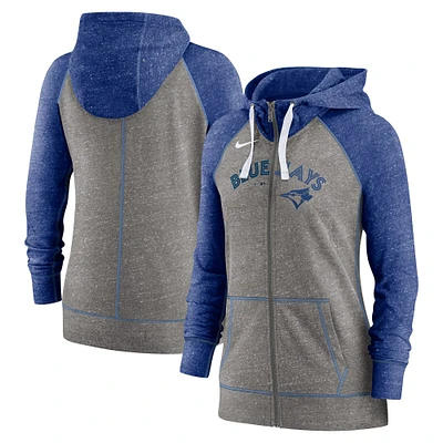 Women's Nike Heather Charcoal/Heather Royal Toronto Blue Jays Split Wordmark Gym Vintage Raglan Lightweight Full-Zip Hoodie