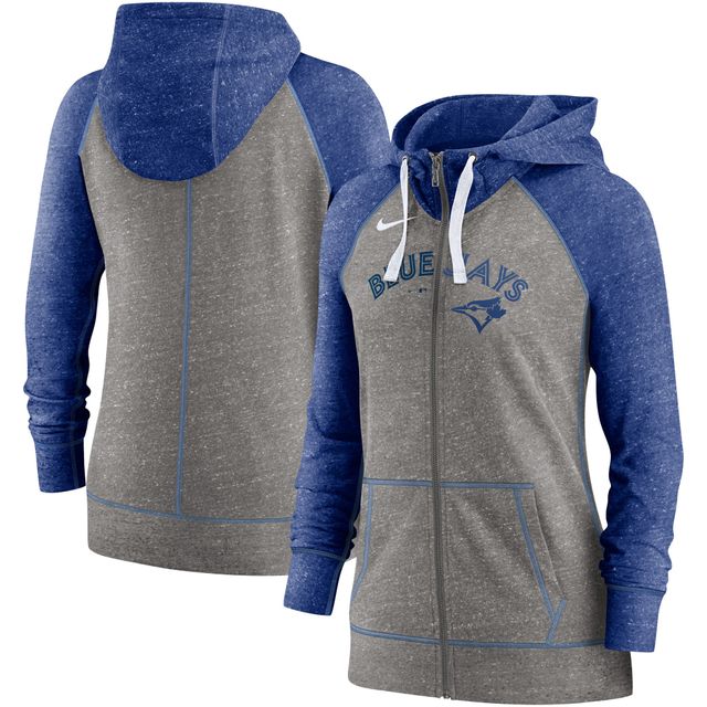Sweat à capuche entièrement zippé Nike pour femme gris chiné/bleu chiné Toronto Blue Jays Split Wordmark Gym Vintage Raglan