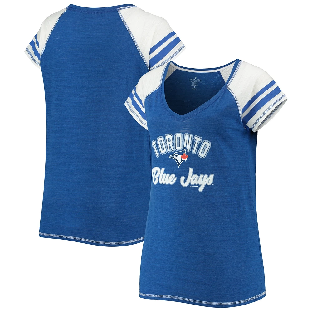 T-shirt a col en V raglan tri-mélangé blocs de couleurs courbés Royal Toronto Blue Jays Soft as Grape pour femmes