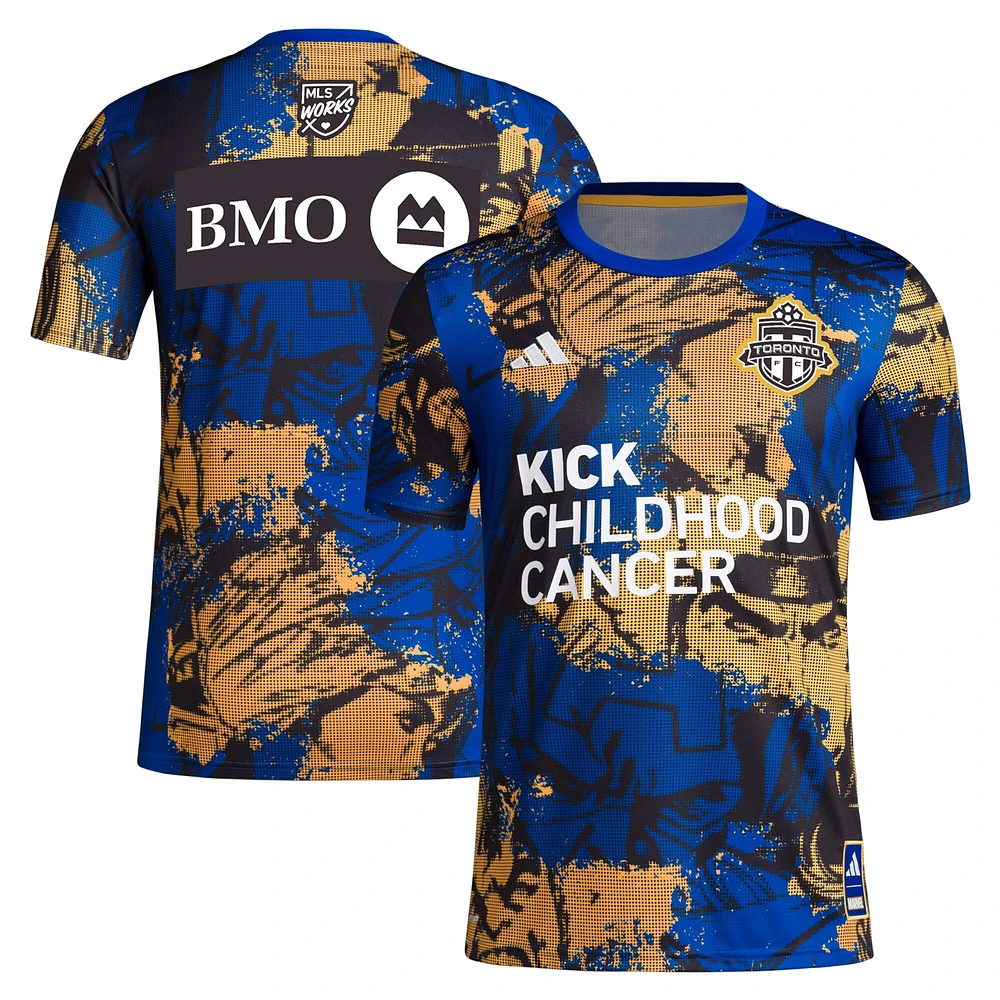 Men's adidas  College Royal/Gold Toronto FC 2023 MLS Works Kick Childhood Cancer x Marvel Pre-Match Performance Top