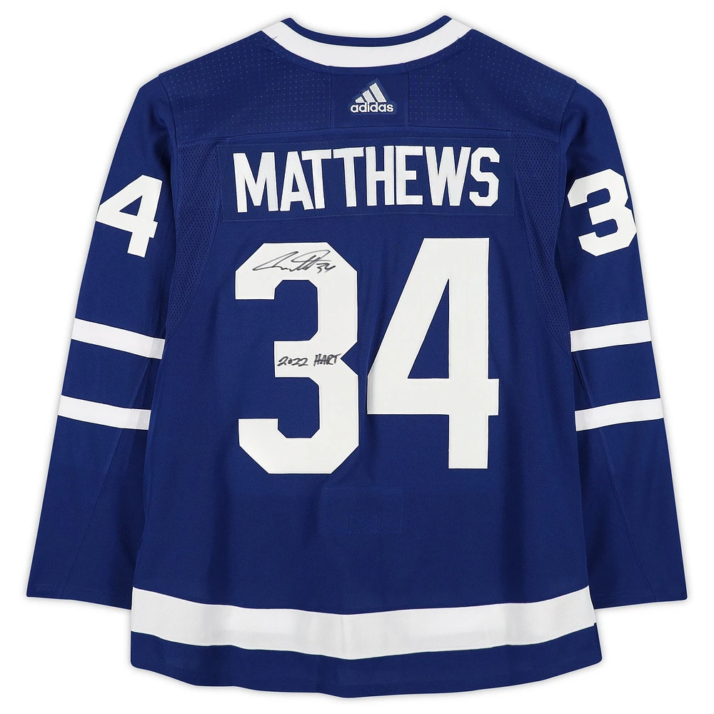 Auston Matthews Blue Toronto Maple Leafs Autographed adidas 2022 Hart Trophy Winner Authentic Jersey with ''2022 Hart'' Inscription