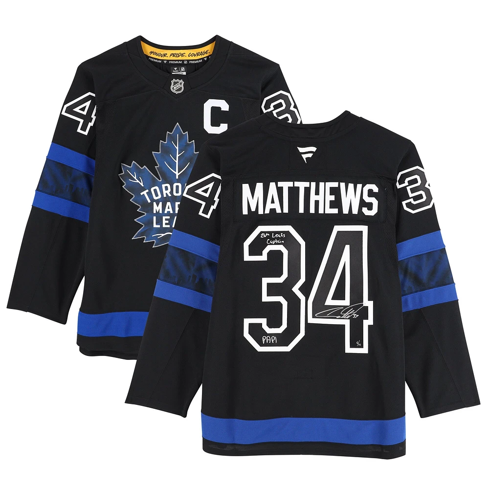 Maillot Fanatics alternatif noir autographié par Auston Matthews des Maple Leafs de Toronto avec inscriptions « 26th Leafs Captain » et « PAPI » - Édition limitée à 10 exemplaires