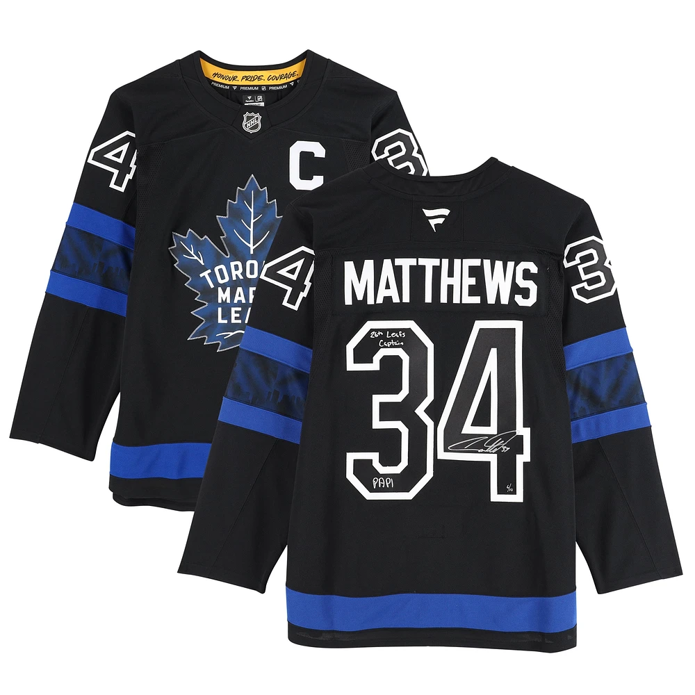 Maillot Fanatics alternatif noir autographié par Auston Matthews des Maple Leafs de Toronto avec inscriptions « 26th Leafs Captain » et « PAPI » - Édition limitée à 10 exemplaires