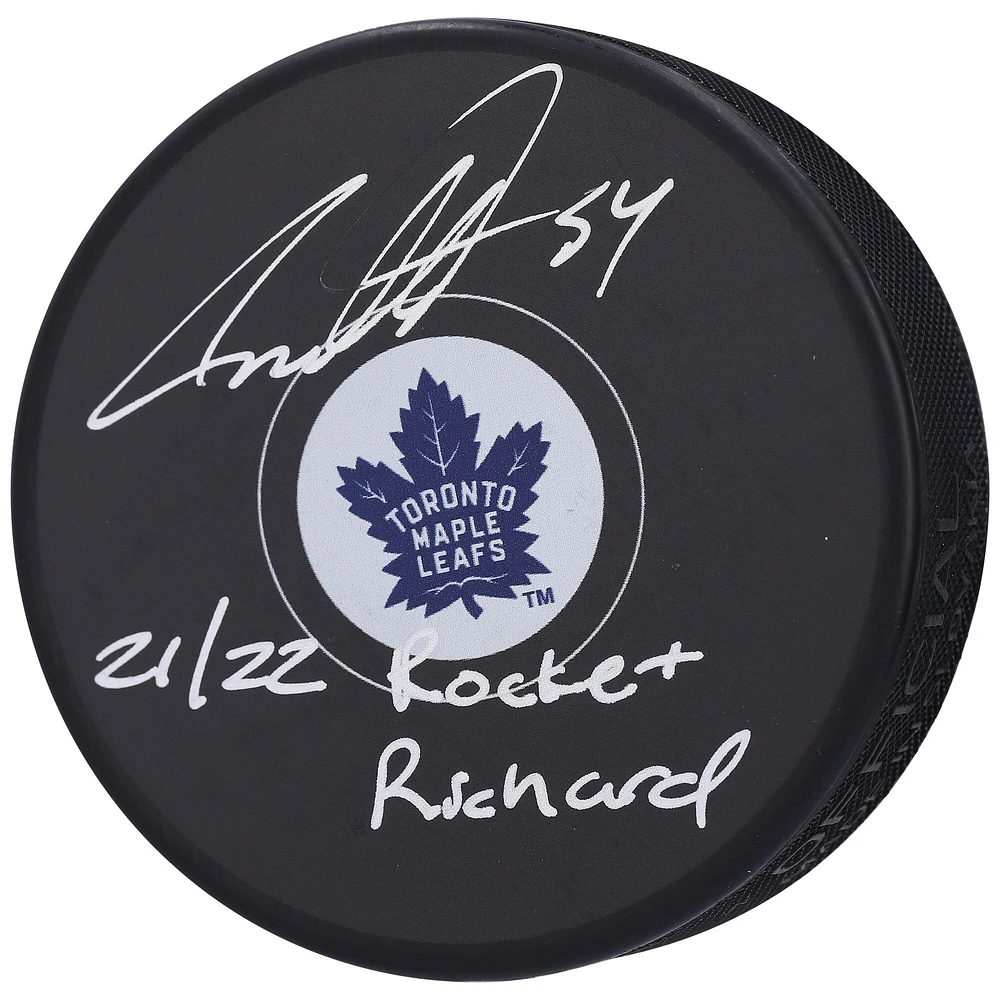 Rondelle de hockey autographiée par Auston Matthews des Maple Leafs de Toronto avec l'inscription « 21/22 Rocket Richard »