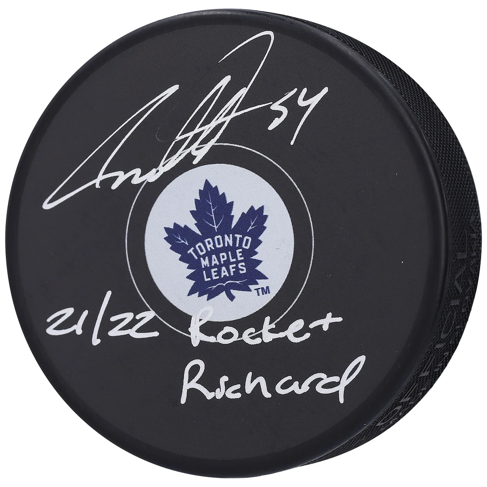 Rondelle de hockey autographiée par Auston Matthews des Maple Leafs de Toronto avec l'inscription « 21/22 Rocket Richard »