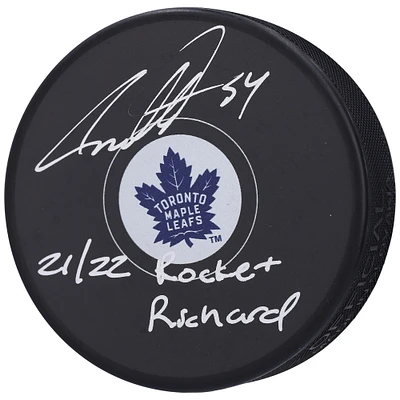 Rondelle de hockey autographiée par Auston Matthews des Maple Leafs de Toronto avec l'inscription « 21/22 Rocket Richard »