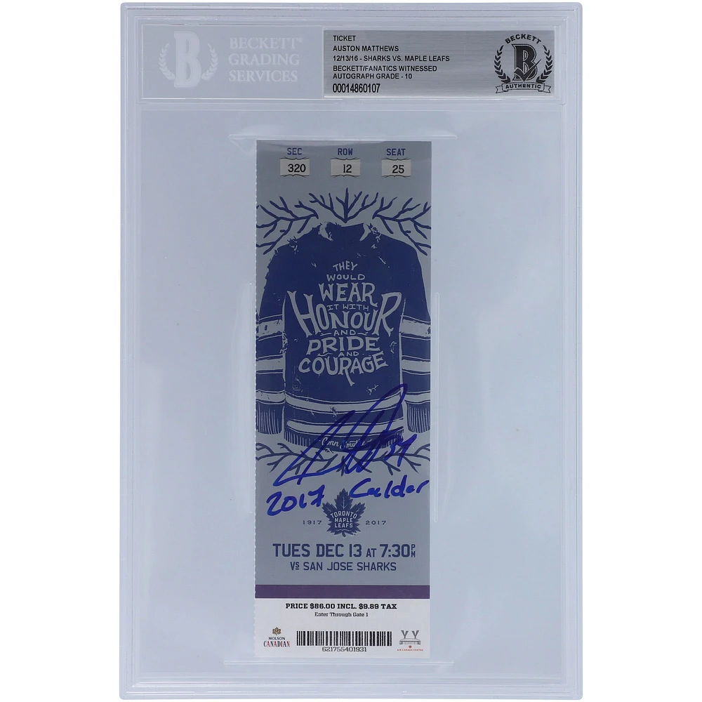 Auston Matthews Toronto Maple Leafs Autographed Ticket from December 2016 with "2017 Calder" Inscription