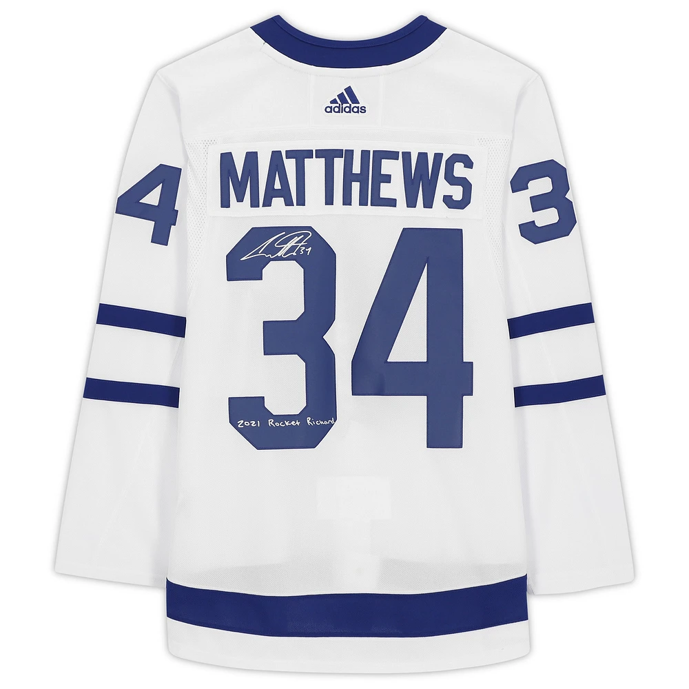 Auston Matthews Toronto Maple Leafs Autographed White adidas Jersey with "2021 Rocket Richard" Inscription