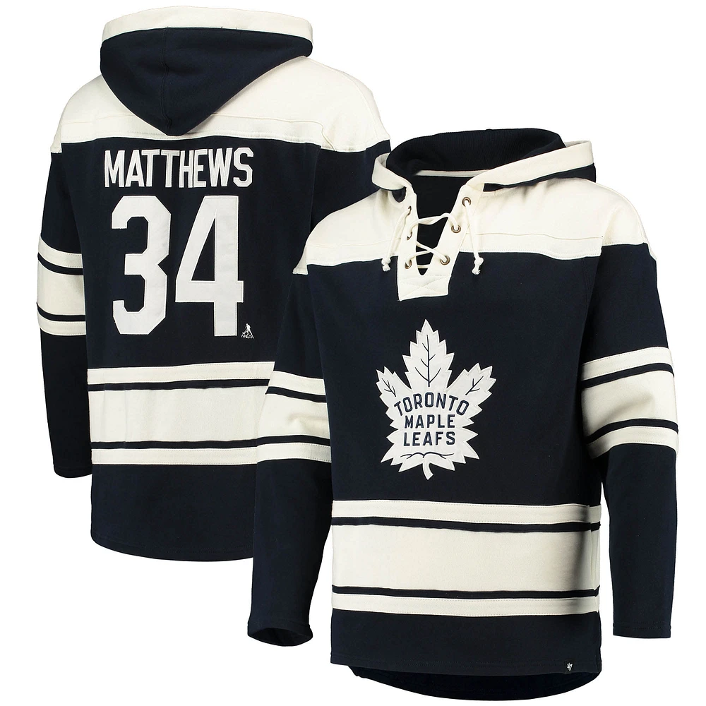 Chandail à capuchon '47 Auston Matthews bleu pour hommes des Maple Leafs de Toronto avec nom et numéro joueur Lacer