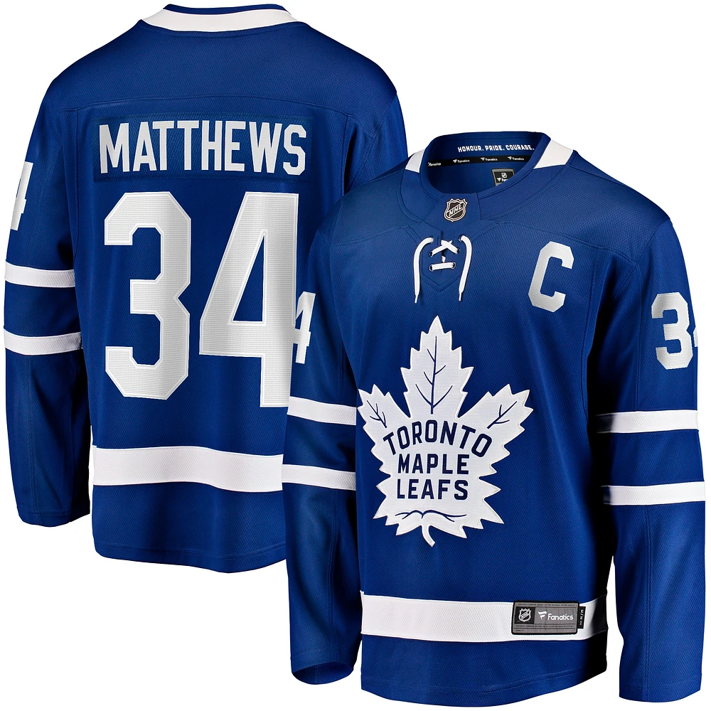 Maillot de joueur échappé à domicile bleu Auston Matthews des Maple Leafs Toronto pour hommes Fanatics Captain Patch