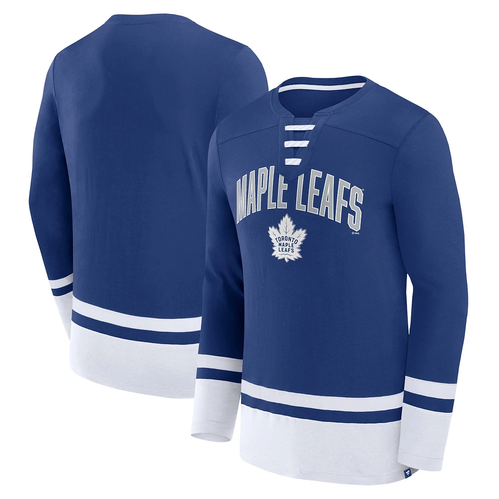 Men's Fanatics Blue Toronto Maple Leafs Back Pass Lace-Up Long Sleeve T-Shirt