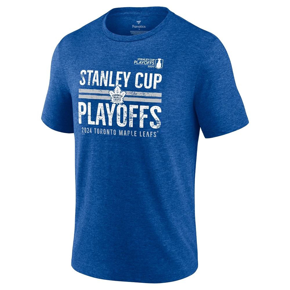 T-shirt tri-mélange à barre transversale des séries éliminatoires de la Coupe Stanley 2024 Maple Leafs Toronto Fanatics Heather Royal pour hommes