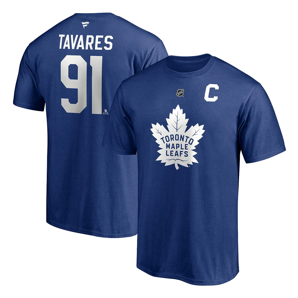 T-shirt de capitaine authentique avec nom et numéro pile des Maple Leafs Toronto Fanatics John Tavares pour hommes, bleu