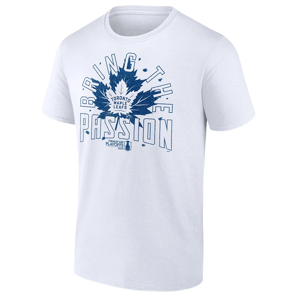 T-shirt blanc Fanatics pour homme avec slogan des séries éliminatoires de la Coupe Stanley 2025 Maple Leafs Toronto