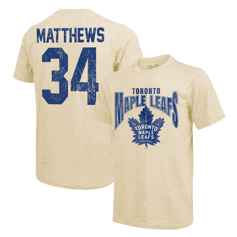 T-shirt à trois mélanges Majestic Threads Auston Matthews crème pour hommes, nom et numéro de la dynastie des Maple Leafs Toronto