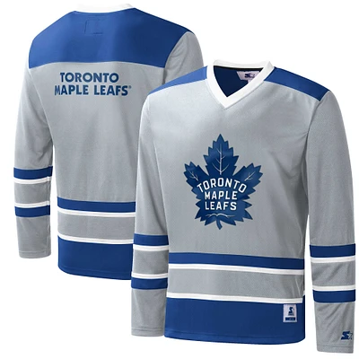 T-shirt à manches longues et col en V jersey carreaux Toronto Maple Leafs Starter gris/bleu pour homme