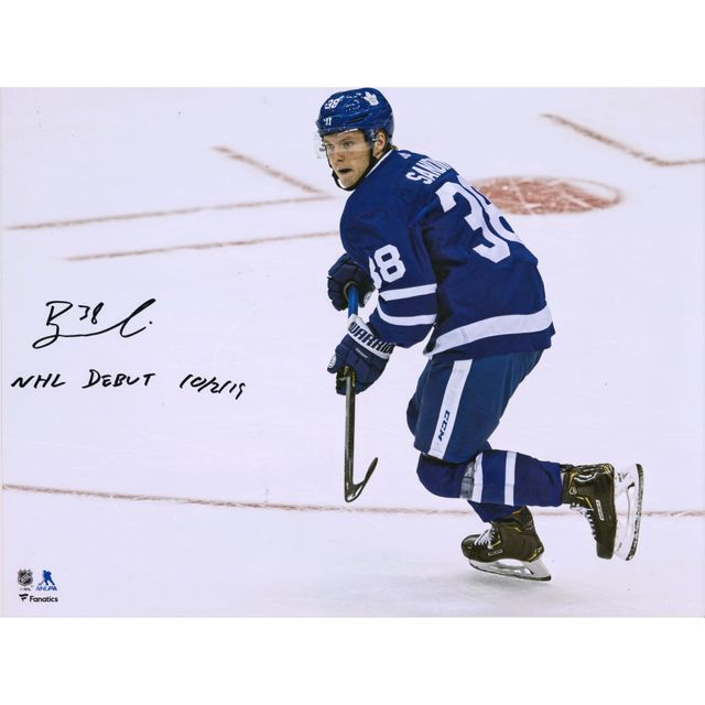 Rasmus Sandin Toronto Maple Leafs autographiée 16" x 20" première photographie avec inscription "NHL Debut 10/2/19"