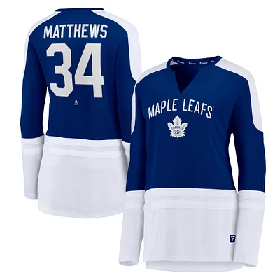 T-shirt à manches longues et col cranté Power Player bleu/blanc Auston Matthews pour femme des Maple Leafs de Toronto