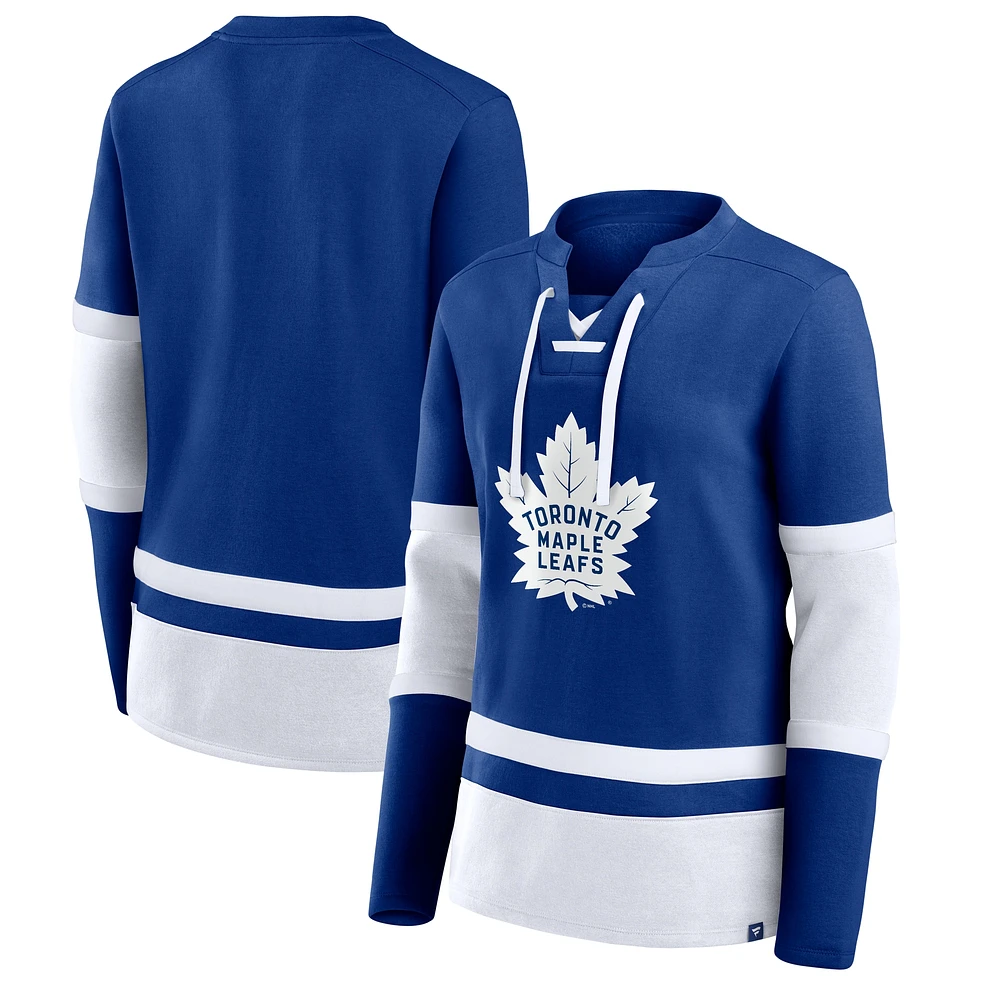 T-shirt à manches longues lacets bleu/blanc pour femme Fanatics Toronto Maple Leafs Prime Time