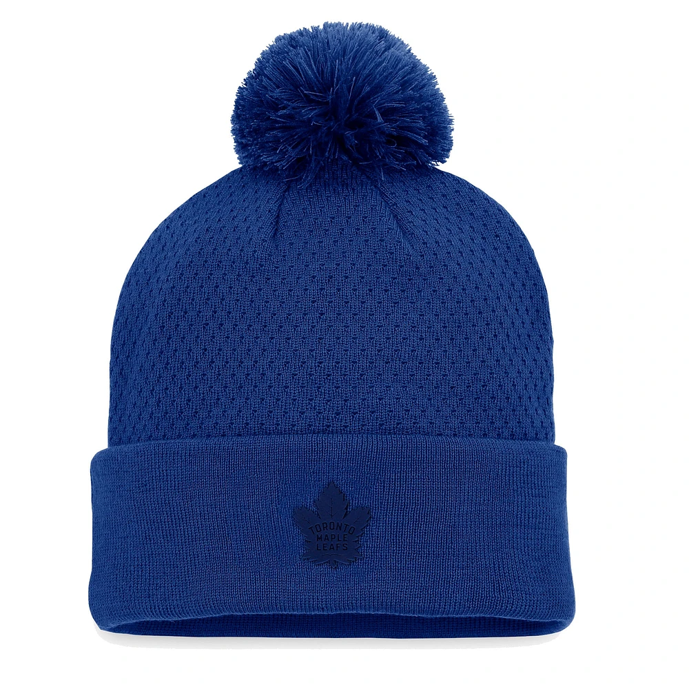 Bonnet en tricot à revers authentique Pro Road des Maple Leafs de Toronto Fanatics pour femmes bleu avec pompon