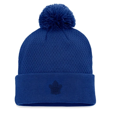 Bonnet en tricot à revers authentique Pro Road des Maple Leafs de Toronto Fanatics pour femmes bleu avec pompon