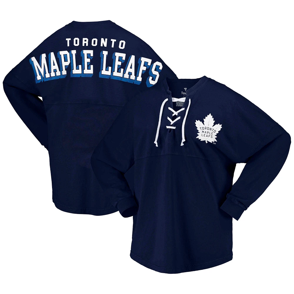 T-shirt en jersey à manches longues et col V lacets Fanatics pour femmes, bleu marine, Toronto Maple Leafs Spirit