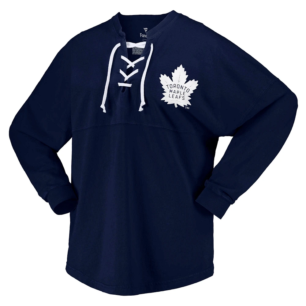 T-shirt en jersey à manches longues et col V lacets Fanatics pour femmes, bleu marine, Toronto Maple Leafs Spirit