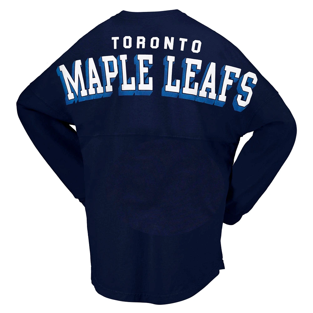 T-shirt en jersey à manches longues et col V lacets Fanatics pour femmes, bleu marine, Toronto Maple Leafs Spirit