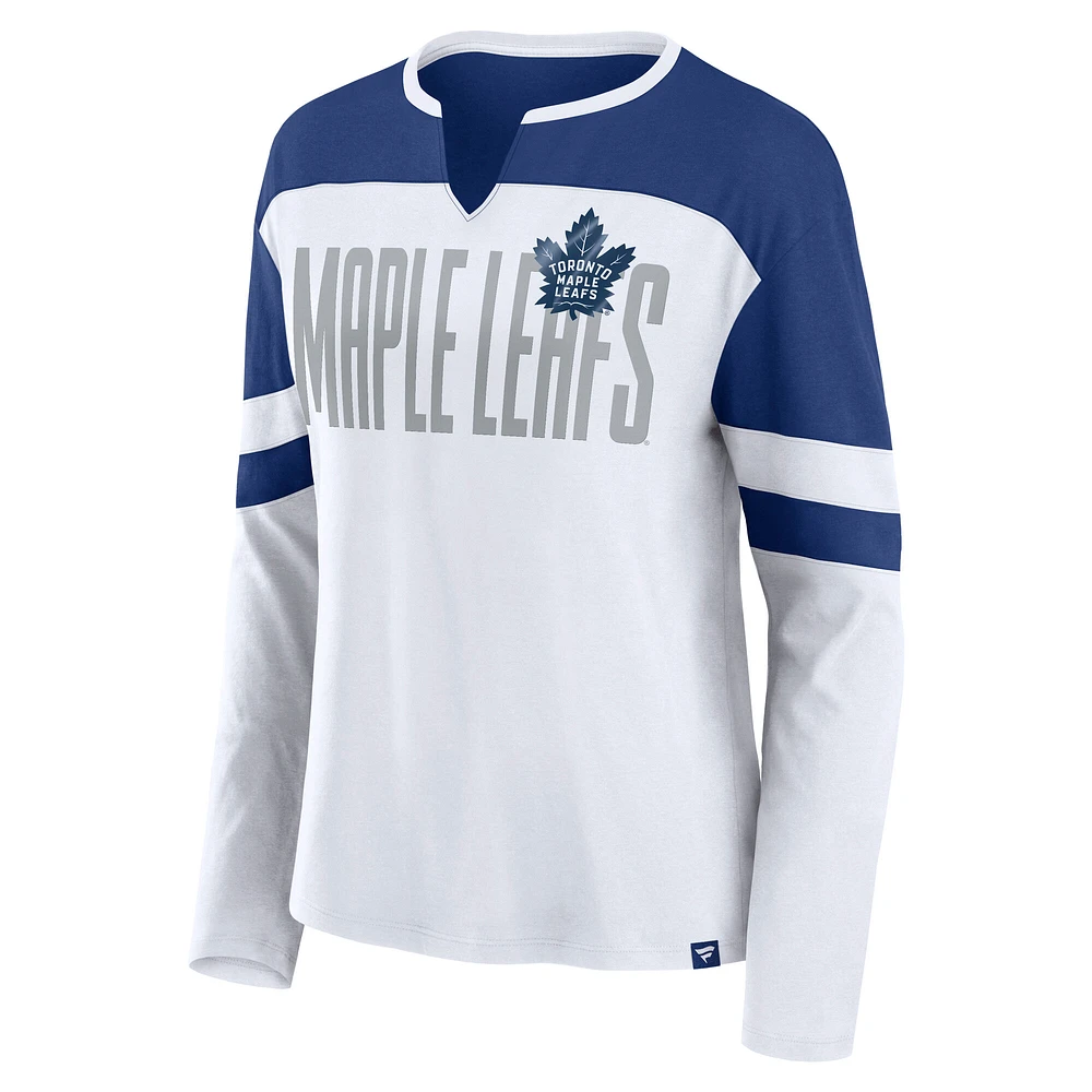 T-shirt à manches longues et col cranté Fanatics pour femme, blanc/bleu, Toronto Maple Leafs Frozen