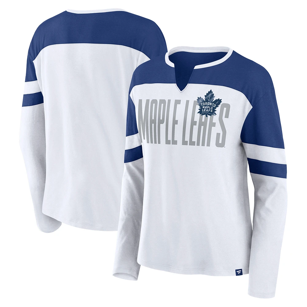 T-shirt à manches longues et col cranté Fanatics pour femme, blanc/bleu, Toronto Maple Leafs Frozen