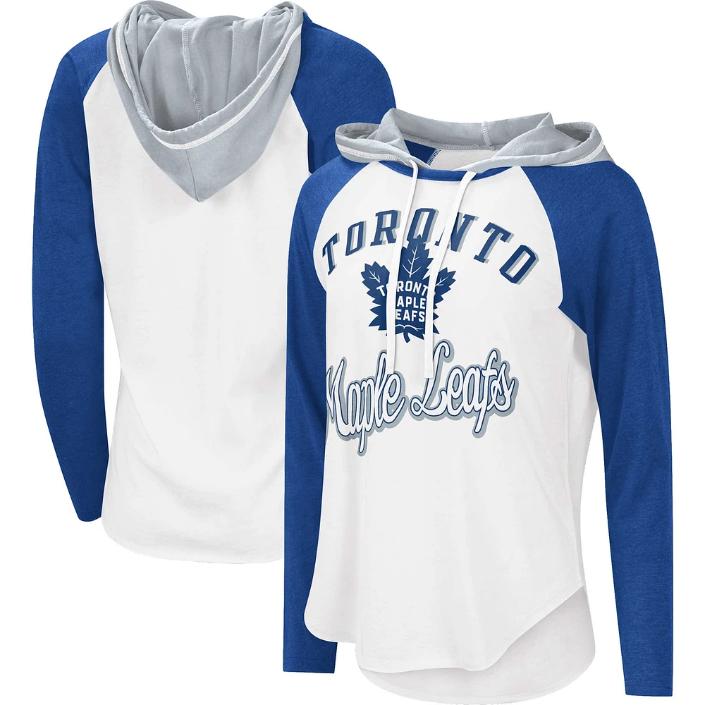 T-shirt léger à capuche G-III Sports by Carl Banks pour femmes, blanc/bleu, MVP Raglan des Maple Leafs de Toronto