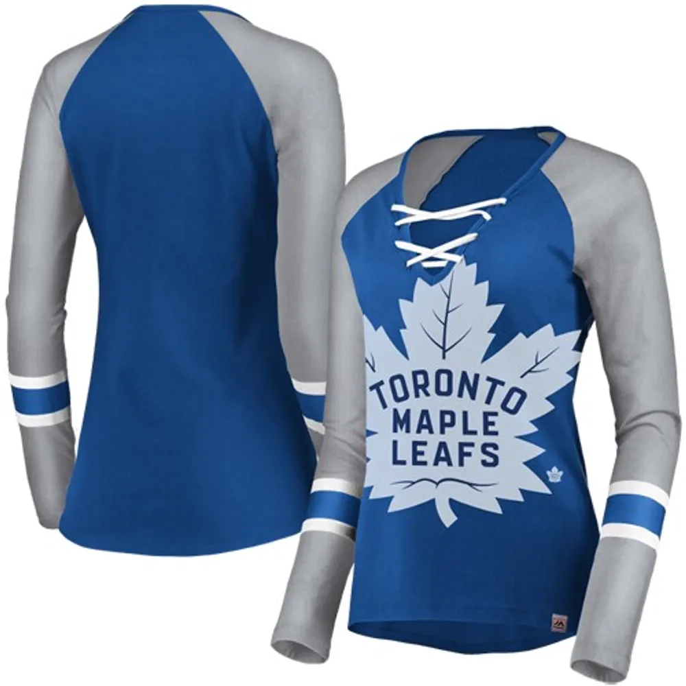 T-shirt à manches longues raglan lacets pour femmes, bleu majestueux/gris, des Maple Leafs de Toronto