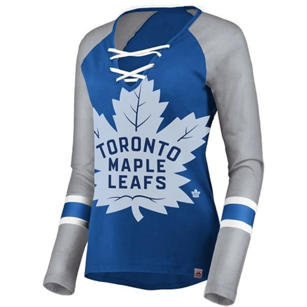 T-shirt à manches longues raglan lacets pour femmes, bleu majestueux/gris, des Maple Leafs de Toronto