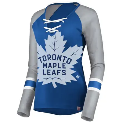 Women's Majestic Blue/Gray Toronto Maple Leafs The Lace Up Raglan Long Sleeve T-Shirt