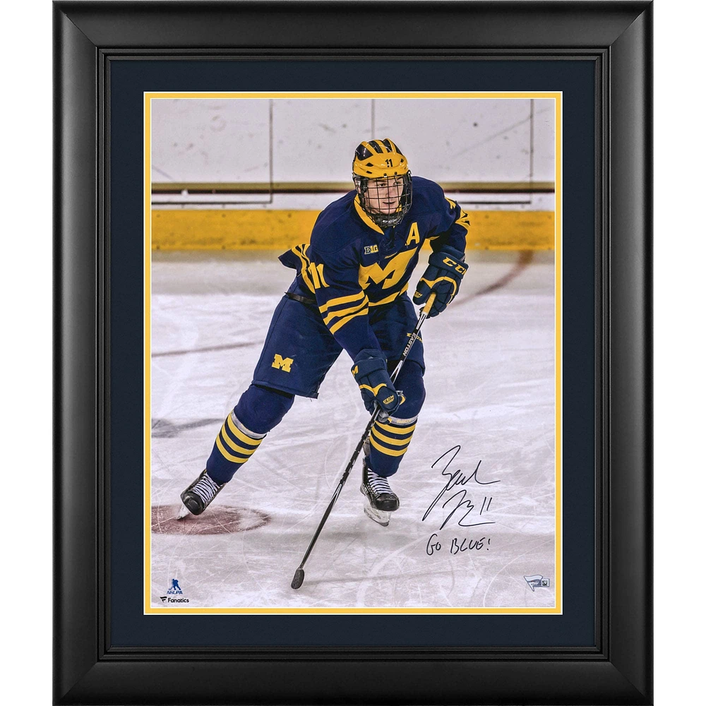 Photographie encadrée autographiée de Zach Hyman des Maple Leafs de Toronto, 16" x 20" des Wolverines du Michigan, avec l'inscription "Go Blue!"