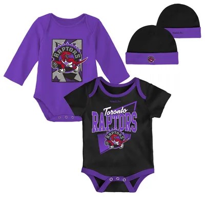 Toronto Raptors Mitchell & Ness Infant Hardwood Classics Bodysuits Cuffed Knit Hat Set - Black/Purple